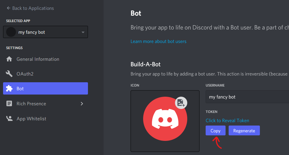 Copy bot token button