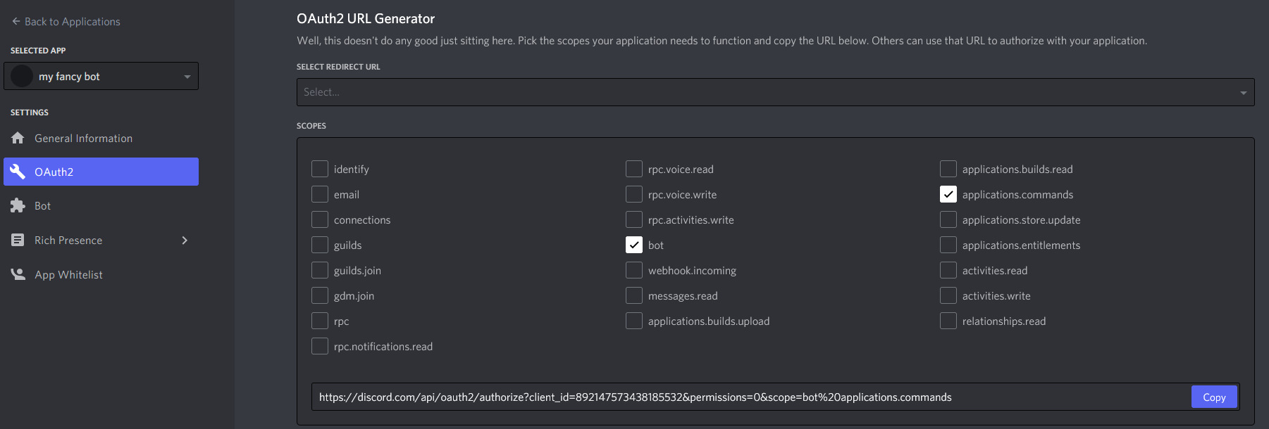 OAuth2 Scopes with bot and application.commands checked
